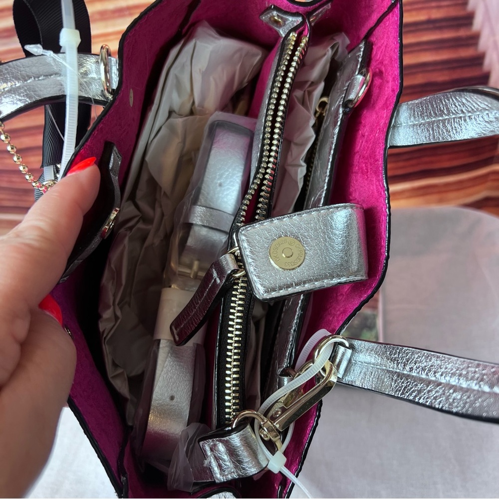 NWT Betsey Johnson Shop Around The Clock Tote, Silver, Heart Logo, Crossbody - Picture 16 of 16